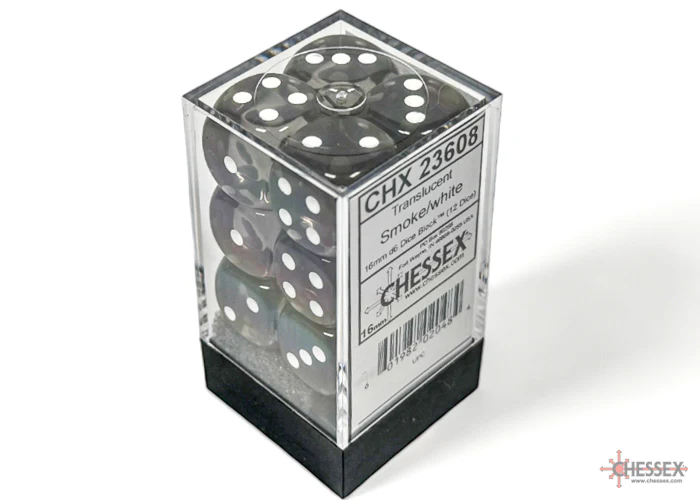 Chessex (23608) Translucent Smoke/white 16mm d6 Dice Block (12 dice)