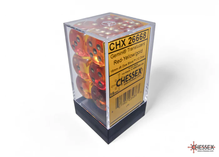 Chessex (26668) Gemini Translucent Red-Yellow/gold 16mm d6 Dice Block (12 dice)