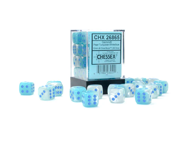Chessex (26865) Gemini Pearl Turquoise-White/blue 12mm d6 Dice Block (36 dice)