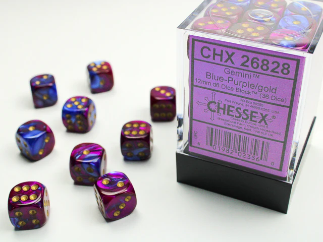 Chessex (26828) Gemini Blue-Purple/gold 12mm d6 Dice Block (36 dice)