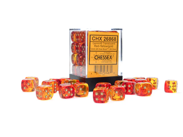 Chessex (26868) Gemini Translucent Red-Yellow/gold 12mm d6 Dice Block (36 dice)