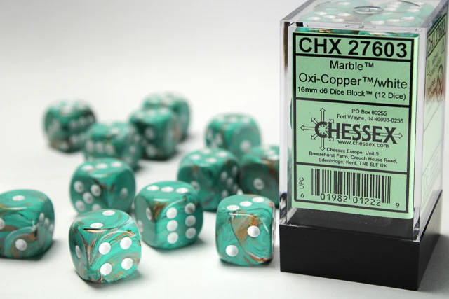 Chessex (27603) Marble Oxi-Copper/white 16mm d6 Dice Block (12 dice)