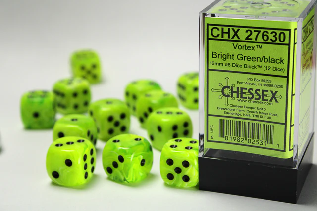Chessex (27630) Vortex Bright Green/black 16mm d6 Dice Block (12 dice)