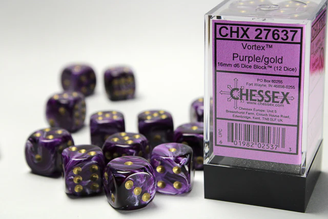 Chessex (27630) Vortex Purple/gold 16mm d6 Dice Block (12 Dice)