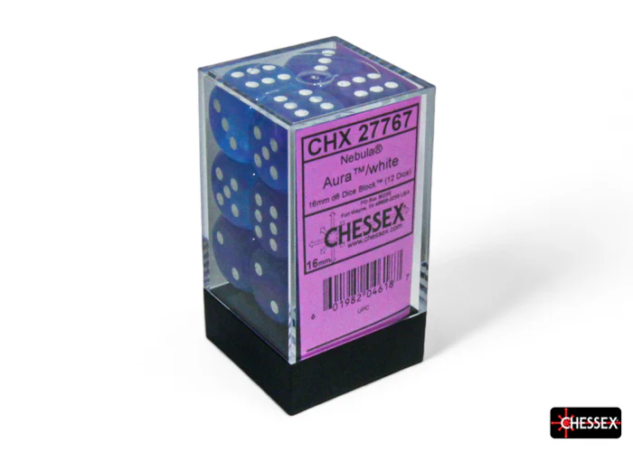 Chessex (27767) Nebula Aura/white Luminary 16mm d6 Dice Block (12 dice)