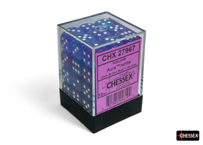 Chessex (27967) Nebula Aura/white Luminary 12mm d6 Dice Block (36 dice)