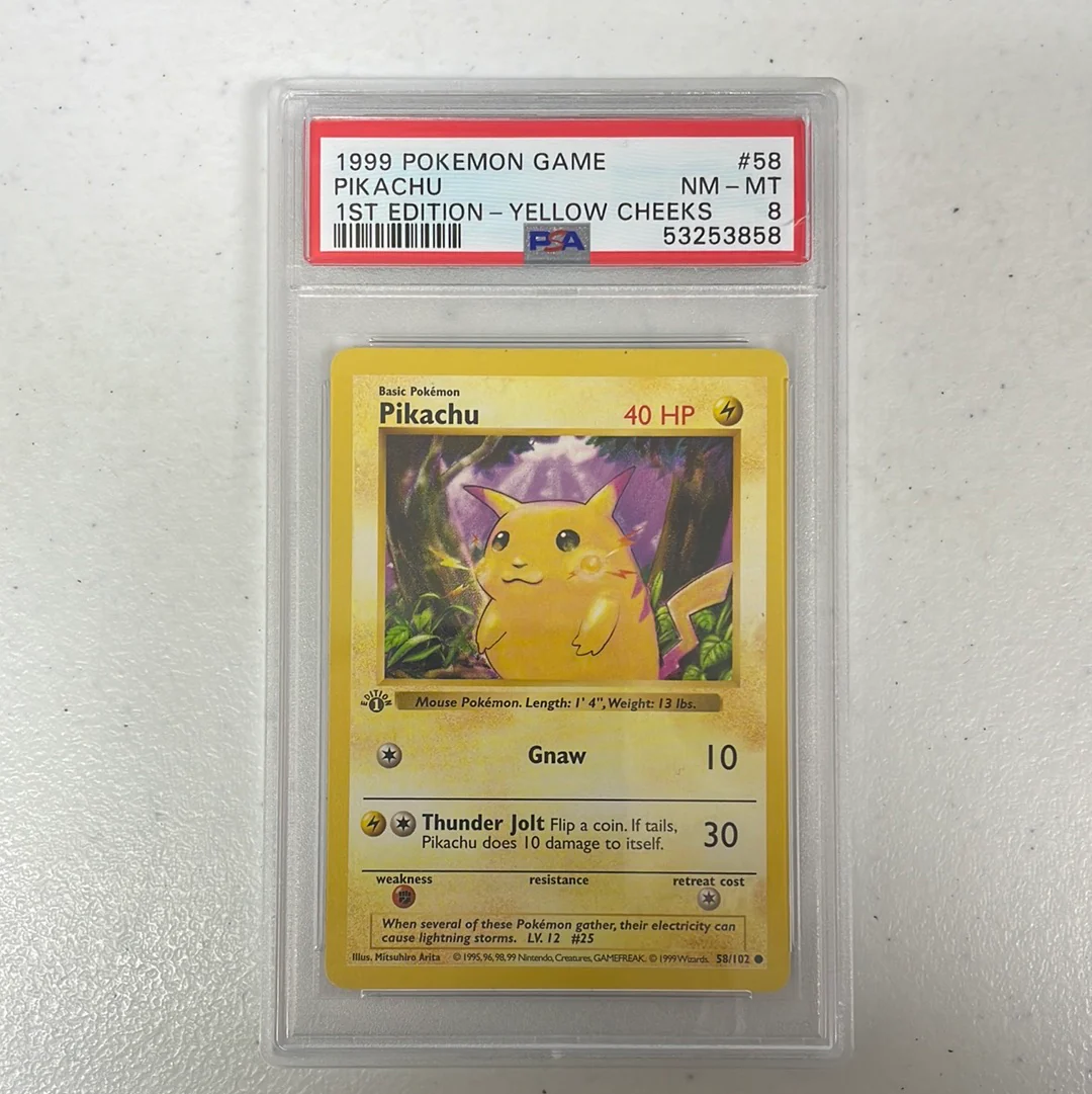 PSA 8 NM - MT - Pikachu 58/102 Yellow Cheeks 1st Edition Base Set Shadowless Pokemon